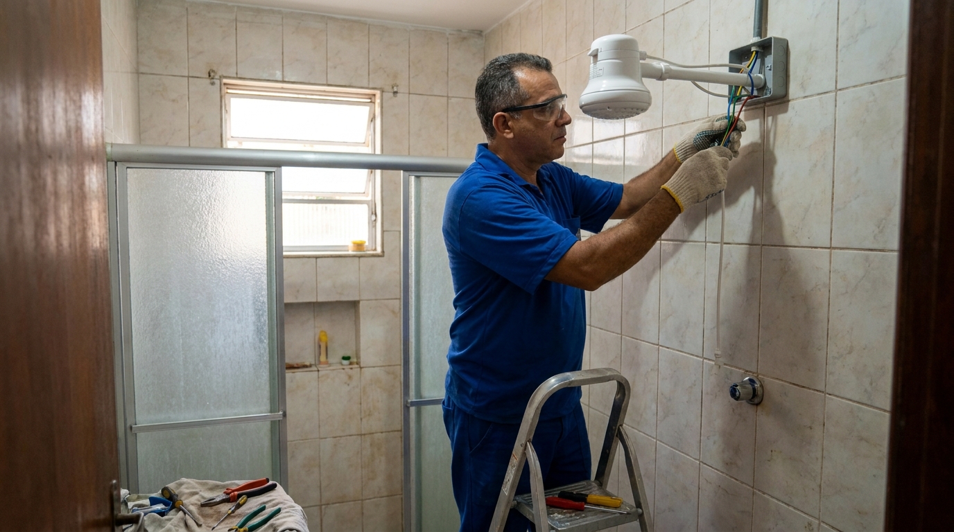 Eletricista instalando chuveiro eletrico em São Luís‑MA