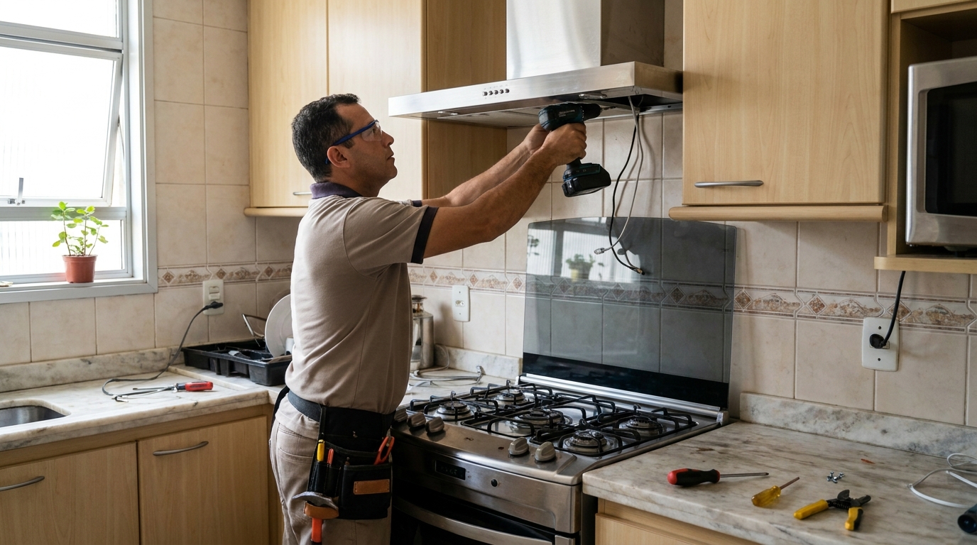 Eletricista instalando coifa em São Luís‑MA
