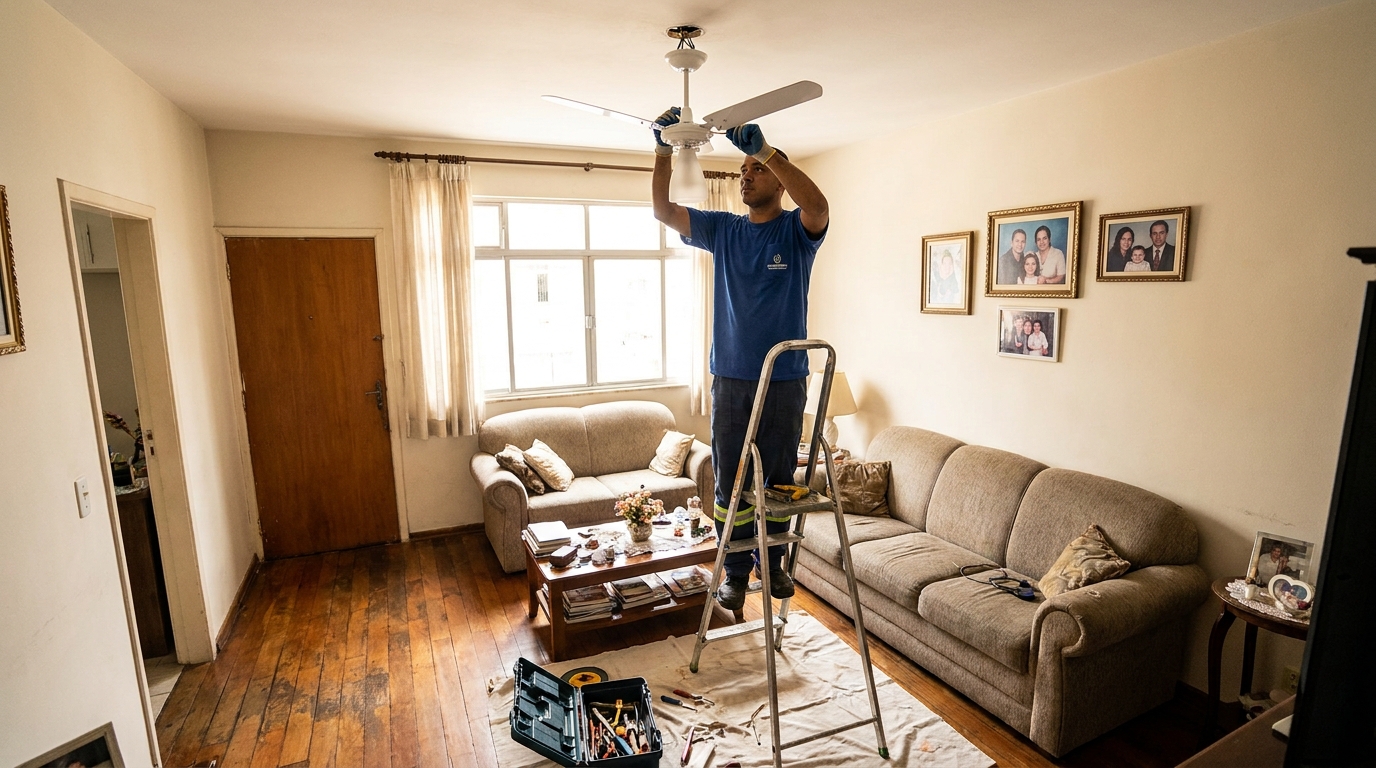 Eletricista instalando ventilador de teto em São Luís‑MA